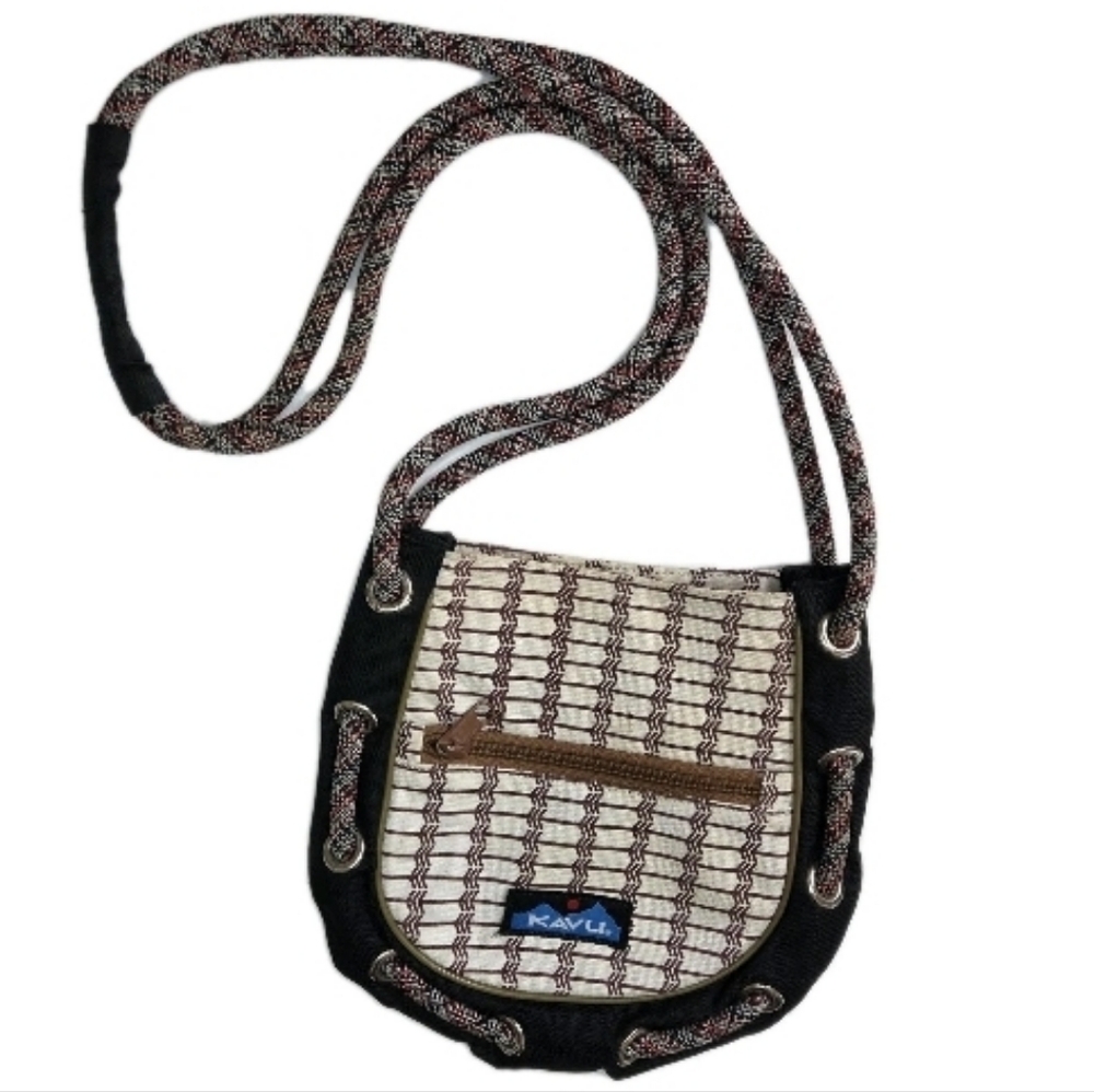 Kavu Crossbody Rope Bag Black/Ivory/Brown Arrow Print Boho Zip Pockets